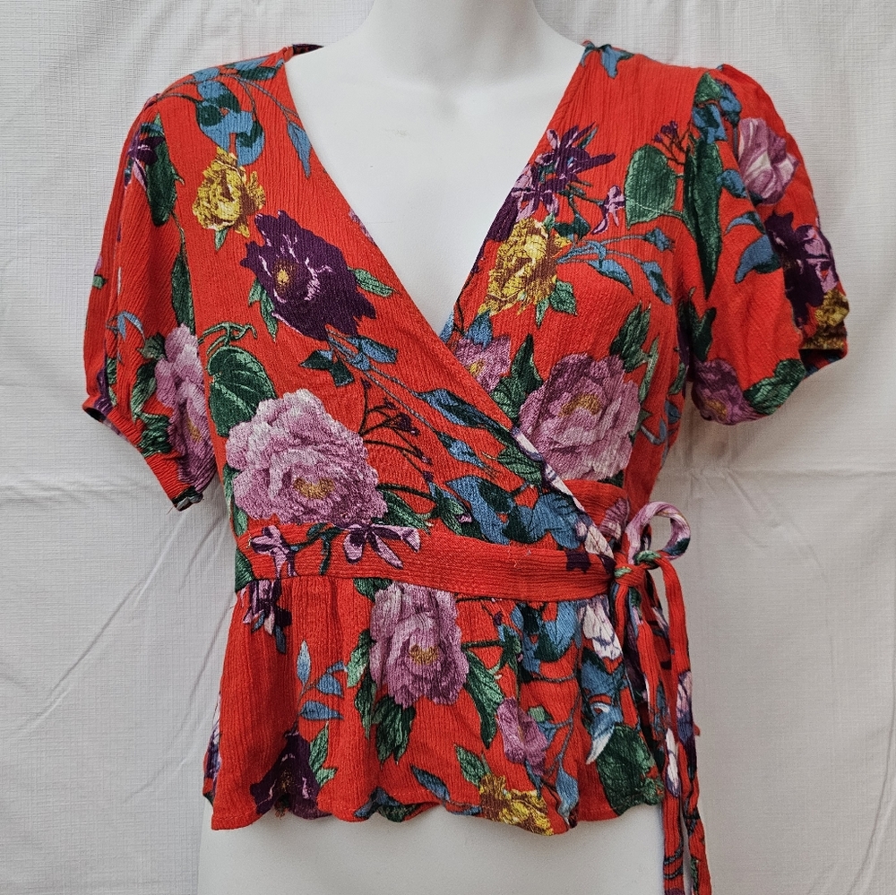 Red Floral Wrap Peplum Top